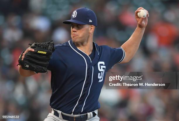 Clayton Richard of the San Diego Padres pitches against the San Francisco Giants in the bottom of the second inning at AT&T Park on June 22, 2018 in...