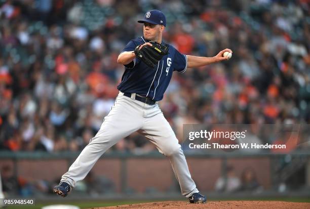 Clayton Richard of the San Diego Padres pitches against the San Francisco Giants in the bottom of the second inning at AT&T Park on June 22, 2018 in...