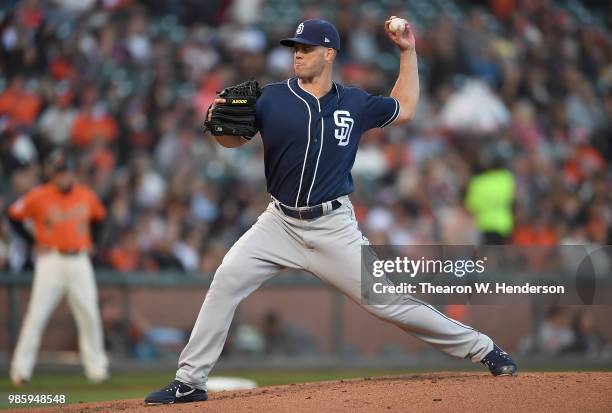 Clayton Richard of the San Diego Padres pitches against the San Francisco Giants in the bottom of the second inning at AT&T Park on June 22, 2018 in...