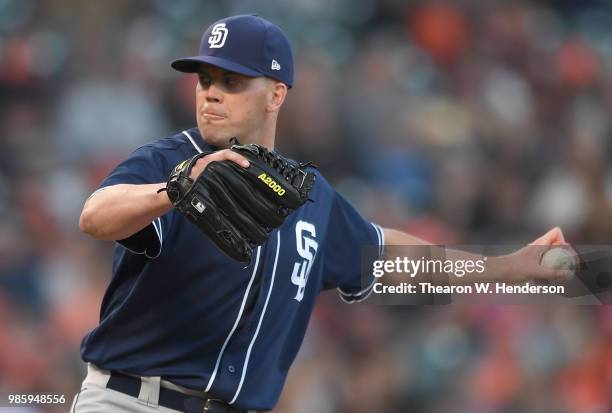 Clayton Richard of the San Diego Padres pitches against the San Francisco Giants in the bottom of the second inning at AT&T Park on June 22, 2018 in...