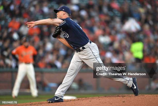 Clayton Richard of the San Diego Padres pitches against the San Francisco Giants in the bottom of the second inning at AT&T Park on June 22, 2018 in...