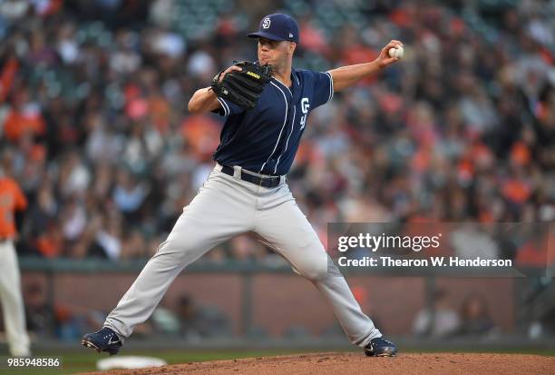 Clayton Richard of the San Diego Padres pitches against the San Francisco Giants in the bottom of the second inning at AT&T Park on June 22, 2018 in...