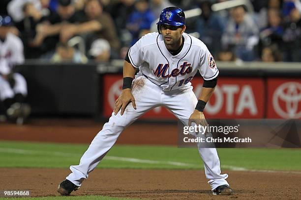 Angel Pagan of the New York Mets looks to run to second base against the Chicago Cubs on April 20, 2010 at Citi Field in the Flushing neighborhood of...