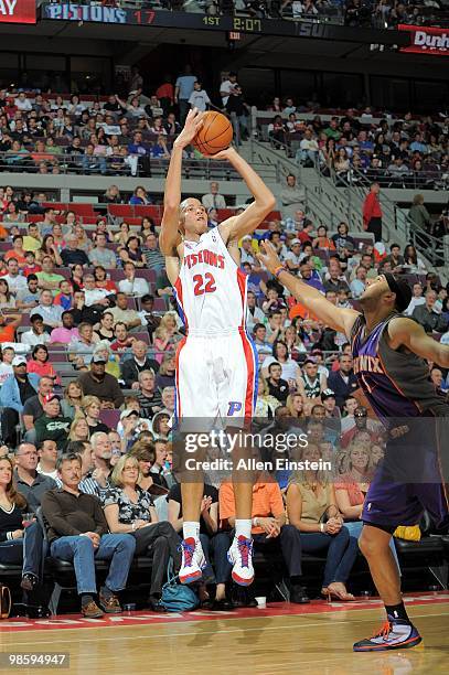 Tayshaun Prince of the Detroit Pistons shoots against the Phoenix Suns during the game at the Palace of Auburn Hills on April 2, 2010 in Auburn...
