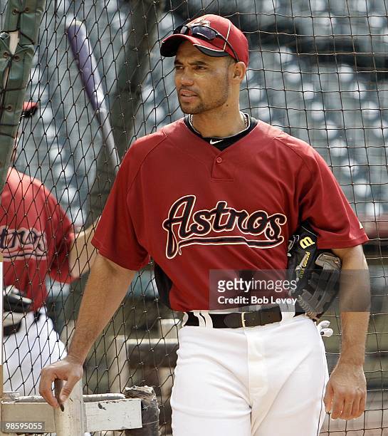 Pedro Feliz of the Houston Astros waits to take batting practice before the game against the Florida Marlins at Minute Maid Park on April 20, 2010 in...