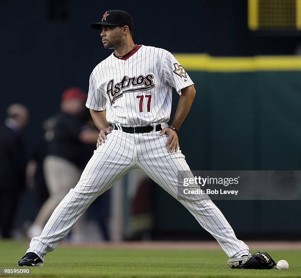 Pedro Feliz of the Houston Astros stretches before the game against the Florida Marlins at Minute Maid Park on April 20, 2010 in Houston, Texas.