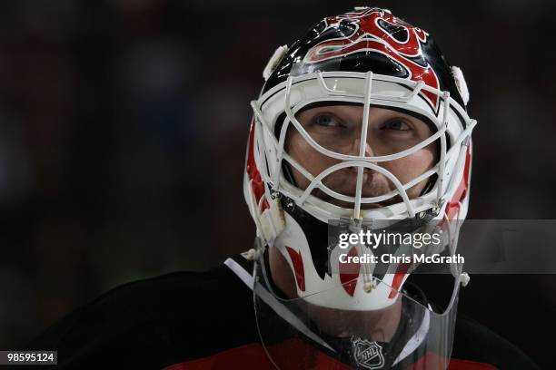 Goalkeeper Martin Brodeur of the New Jersey Devils looks on against the Buffalo Sabres at the Prudential Center on April 11, 2010 in Newark, New...