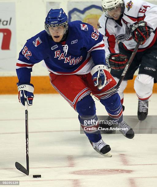 Gabriel Landeskog of the Kitchener Rangers skates with the puck in Game Four of the Western Conference Final against the Windsor Spitfires on April...