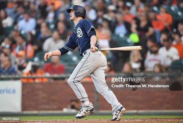 Wil Myers of the San Diego Padres bats against the San Francisco Giants in the top of the third inning at AT&T Park on June 22, 2018 in San...