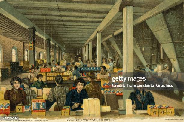 View of female workers packing boxes of oats for the Quaker Oats brand company, Chicago, 1890s. The advertisement served to illustrate the fine...