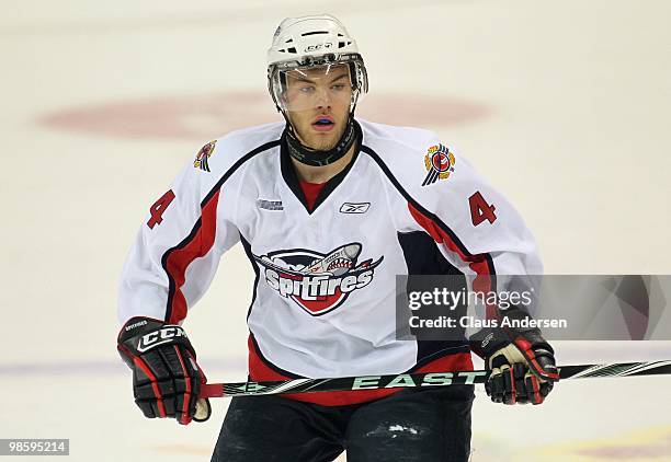 Taylor Hall of the Windsor Spitfires skates in Game Four of the Western Conference Final against the Kitchener Rangers on April 20, 2010 at the...