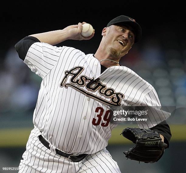 Pitcher Brett Meyers of the Houston Astros throws against the Florida Marlins at Minute Maid Park on April 20, 2010 in Houston, Texas.