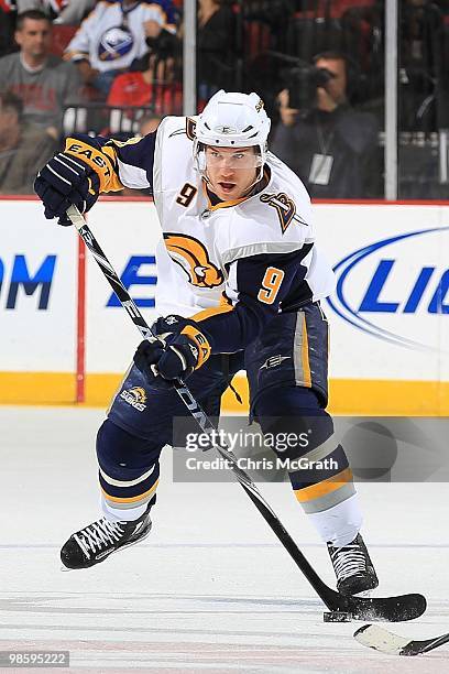 Derek Roy of the Buffalo Sabres attacks against the New Jersey Devils at the Prudential Center on April 11, 2010 in Newark, New Jersey.