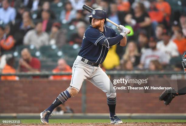 Cory Spangenberg of the San Diego Padres bats against the San Francisco Giants in the top of the third inning at AT&T Park on June 22, 2018 in San...