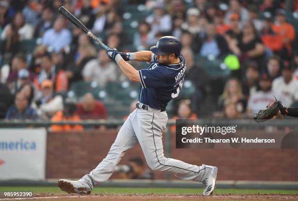 Eric Hosmer of the San Diego Padres bats against the San Francisco Giants in the top of the third inning at AT&T Park on June 22, 2018 in San...