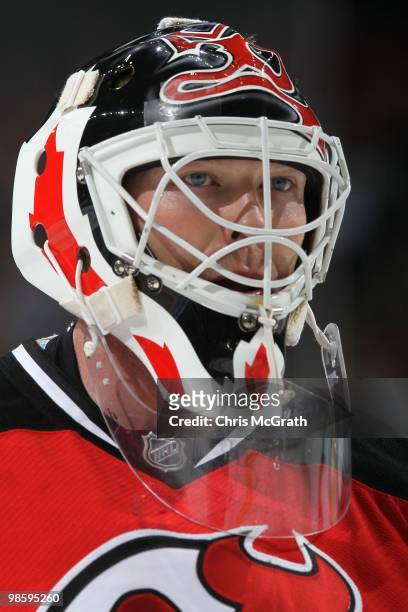 Goalkeeper Martin Brodeur of the New Jersey Devils looks on against the Buffalo Sabres at the Prudential Center on April 11, 2010 in Newark, New...
