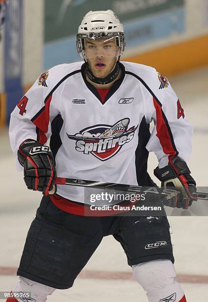 Taylor Hall of the Windsor Spitfires skates in Game Four of the Western Conference Final against the Kitchener Rangers on April 20, 2010 at the...