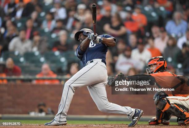 Jose Pirela of the San Diego Padres bats against the San Francisco Giants in the top of the third inning at AT&T Park on June 22, 2018 in San...