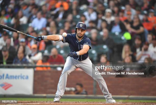 Eric Hosmer of the San Diego Padres bats against the San Francisco Giants in the top of the third inning at AT&T Park on June 22, 2018 in San...