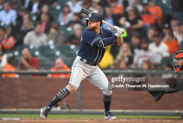 Cory Spangenberg of the San Diego Padres bats against the San Francisco Giants in the top of the third inning at AT&T Park on June 22, 2018 in San...