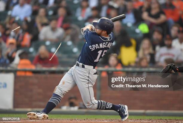 Cory Spangenberg of the San Diego Padres bats against the San Francisco Giants in the top of the third inning at AT&T Park on June 22, 2018 in San...