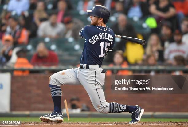 Cory Spangenberg of the San Diego Padres bats against the San Francisco Giants in the top of the third inning at AT&T Park on June 22, 2018 in San...