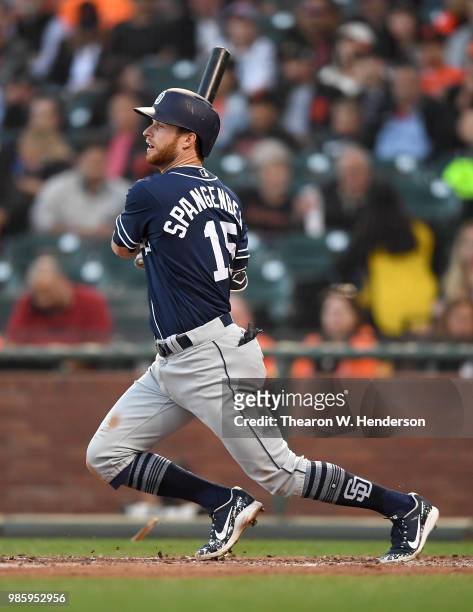 Cory Spangenberg of the San Diego Padres bats against the San Francisco Giants in the top of the third inning at AT&T Park on June 22, 2018 in San...