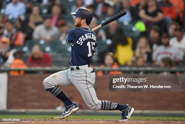 Cory Spangenberg of the San Diego Padres bats against the San Francisco Giants in the top of the third inning at AT&T Park on June 22, 2018 in San...