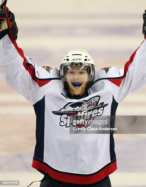 Ryan Ellis of the Windsor Spitfires celebrates a goal in Game Four of the Western Conference Final against the Kitchener Rangers on April 20, 2010 at...