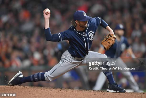 Adam Cimber of the San Diego Padres pitches against the San Francisco Giants in the bottom of the seventh inning at AT&T Park on June 22, 2018 in San...