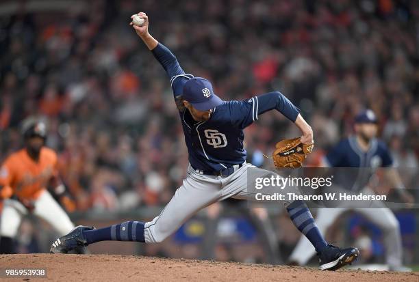 Adam Cimber of the San Diego Padres pitches against the San Francisco Giants in the bottom of the seventh inning at AT&T Park on June 22, 2018 in San...