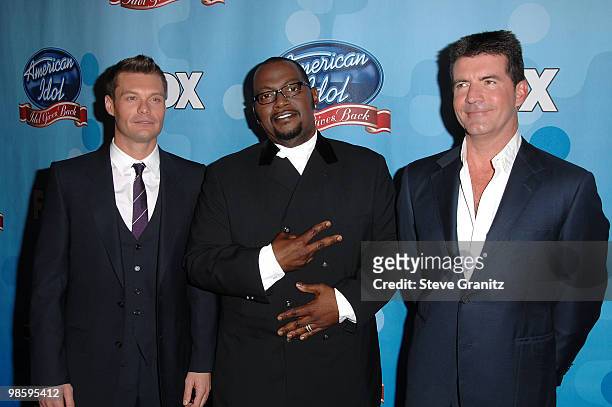 Personalities Ryan Seacrest, Randy Jackson and Simon Cowell arrive at the taping of Idol Gives Back held at the Kodak Theatre on April 6, 2008 in...