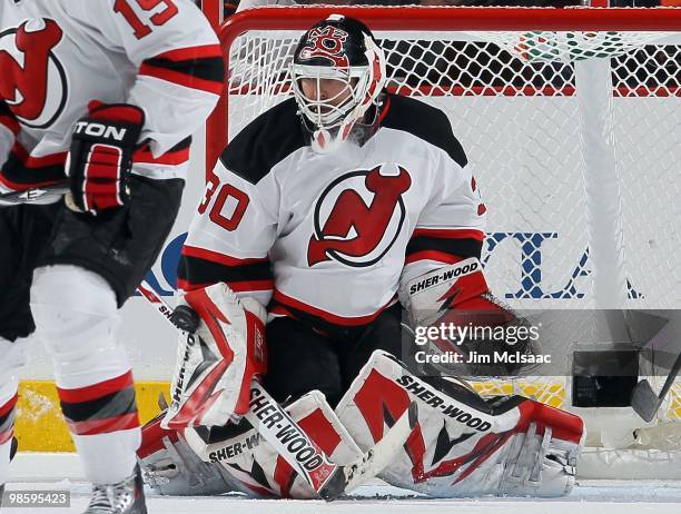 Martin Brodeur of the New Jersey Devils makes a save against the Philadelphia Flyers in Game Four of the Eastern Conference Quarterfinals during the...