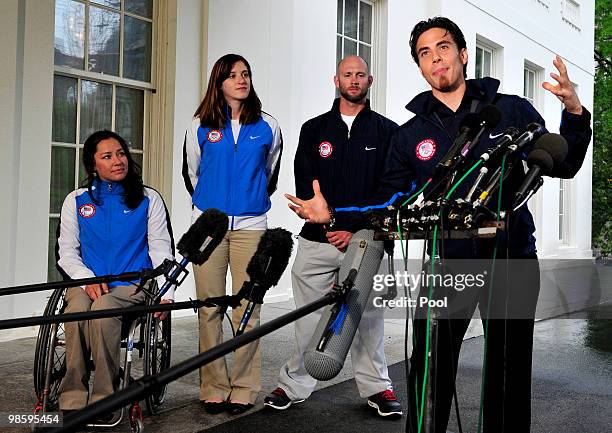 Apolo Anton Ohno, Olympic Short Track Speed Skater, makes remarks to reporters after meeting United States President Barack Obama and first lady...