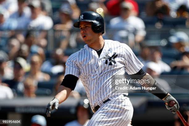 Gary Sanchez of the New York Yankees at bat against the Tampa Bay Rays during the fourth inning at Yankee Stadium on June 17, 2018 in the Bronx...