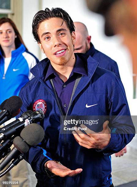 Apolo Anton Ohno, Olympic Short Track Speed Skater, makes remarks to reporters after meeting United States President Barack Obama and first lady...
