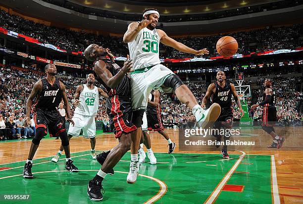 Rasheed Wallace of the Boston Celtics goes for the ball against Joel Anthony of the Miami Heat in Game One of the Eastern Conference Quarterfinals...