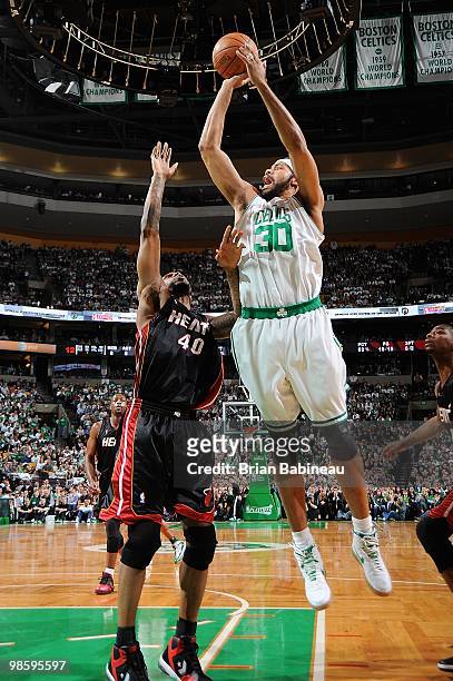 Rasheed Wallace of the Boston Celtics puts up a shot against Udonis Haslem of the Miami Heat in Game One of the Eastern Conference Quarterfinals...