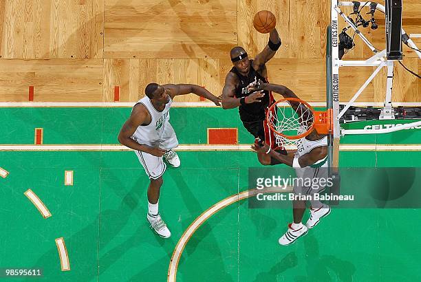 Jermaine O'Neal of the Miami Heat goes to the basket against the Boston Celtics in Game One of the Eastern Conference Quarterfinals during the 2010...