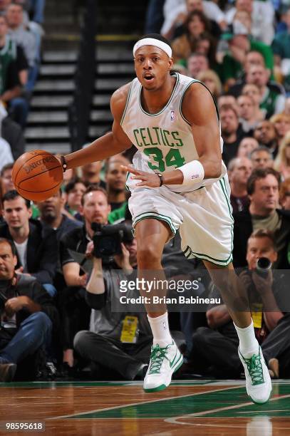 Paul Pierce of the Boston Celtics drives the ball upcourt against the Miami Heat in Game One of the Eastern Conference Quarterfinals during the 2010...