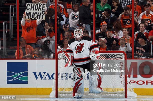 Martin Brodeur of the New Jersey Devils looks on against the Philadelphia Flyers in Game Four of the Eastern Conference Quarterfinals during the 2010...