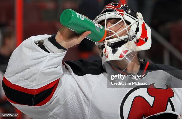 Martin Brodeur of the New Jersey Devils looks on against the Philadelphia Flyers in Game Four of the Eastern Conference Quarterfinals during the 2010...