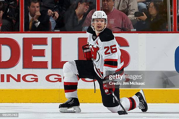 Patrik Elias of the New Jersey Devils looks on against the Philadelphia Flyers in Game Four of the Eastern Conference Quarterfinals during the 2010...