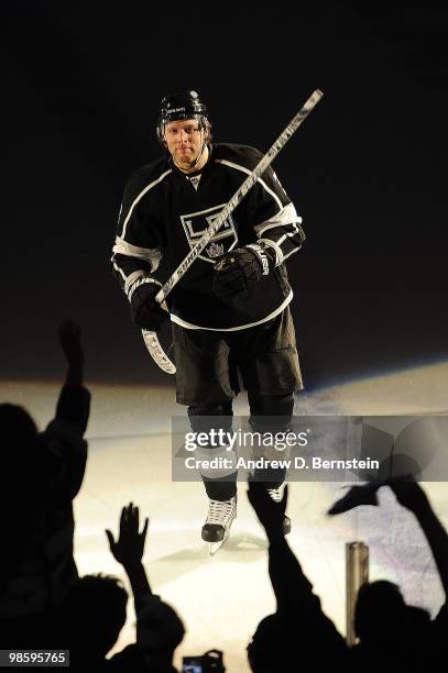 Jack Johnson of the Los Angeles Kings skates on the ice after defeating the Vancouver Canucks in Game Three of the Western Conference Quarterfinals...