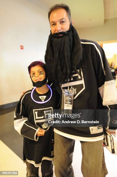 Fans of the Los Angeles Kings show off their playoff beards prior to the Kings taking on the Vancouver Canucks in Game Three of the Western...