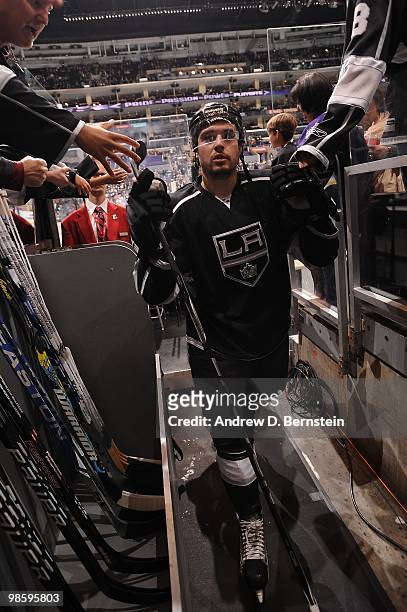 Drew Doughty of the Los Angeles Kings leaves the ice after warming up prior to taking on the Vancouver Canucks in Game Three of the Western...