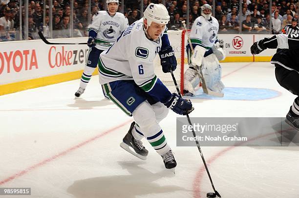 Sami Salo of the Vancouver Canucks skates with the puck against the Los Angeles Kings in Game Three of the Western Conference Quarterfinals during...