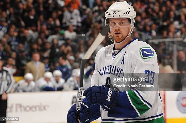 Henrik Sedin of the Vancouver Canucks looks on against the Los Angeles Kings in Game Three of the Western Conference Quarterfinals during the 2010...