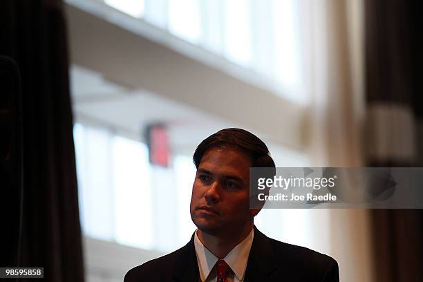 Republican candidate for U.S. Senate Marco Rubio waits to be introduced at a meeting of the Latin American Business Association at the Fontainebleau...