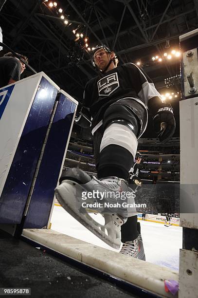 Jack Johnson of the Los Angeles Kings leaves the ice after warming up prior to taking on the Vancouver Canucks in Game Three of the Western...